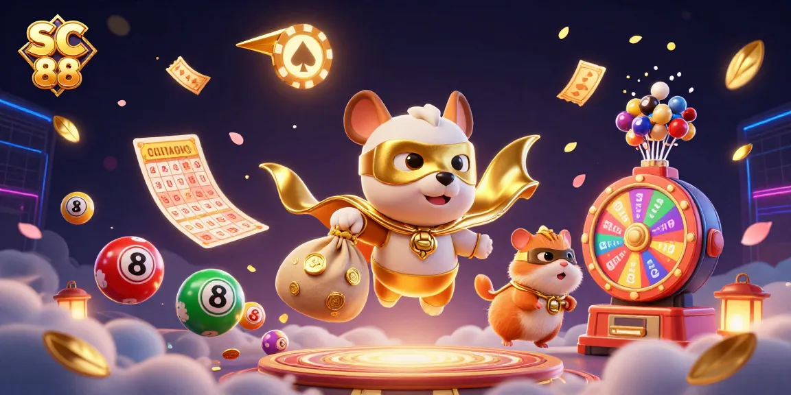 Join the fun with SC 88 in this vibrant casino-themed 3D illustration showcasing a superhero dog.