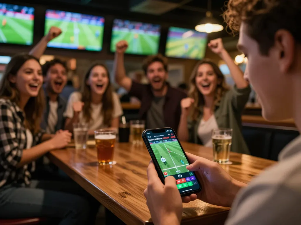 Engaging in soccerbetting with friends at a lively sports bar, smartphone tracking odds during game.
