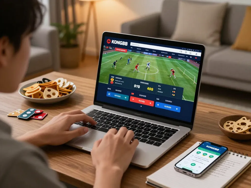 KONG88 user engaged in sports betting with live odds displayed on a laptop, surrounded by sports memorabilia and snacks.