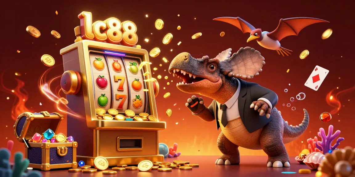 Experience thrilling excitement at lc88 with a dynamic casino scene featuring a pachycephalosaurus hitting a slot machine, causing jackpot coins to fly.