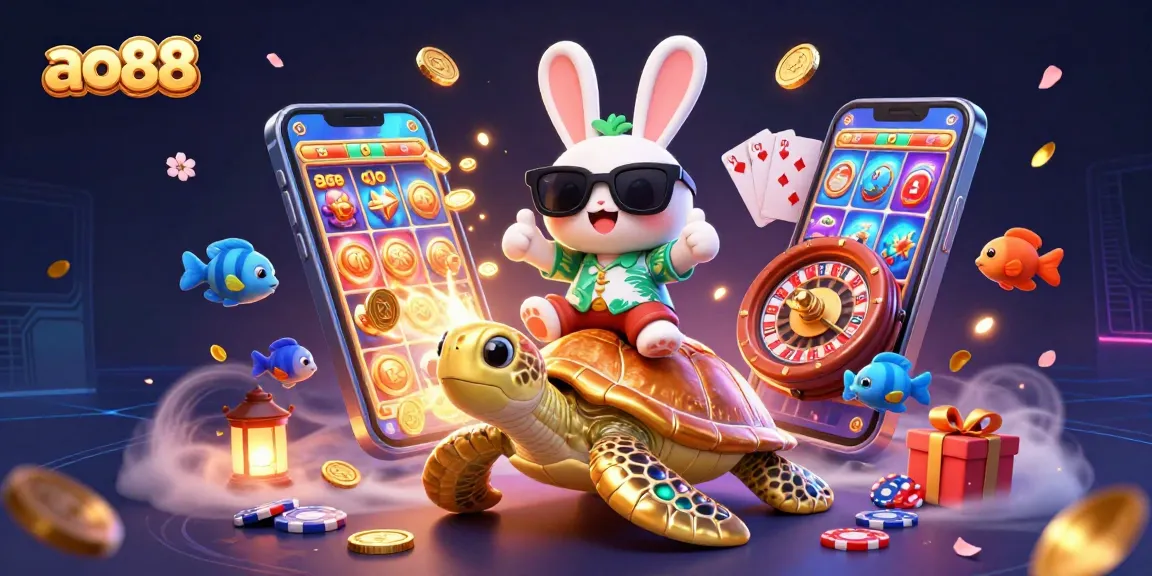 Spin to win with ao88's vibrant 3D cartoon scene showcasing a lucky rabbit in a casino.