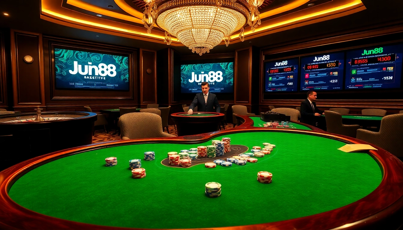 Experience thrilling poker action at Jun88 casino with vibrant chip details and elegant tables.