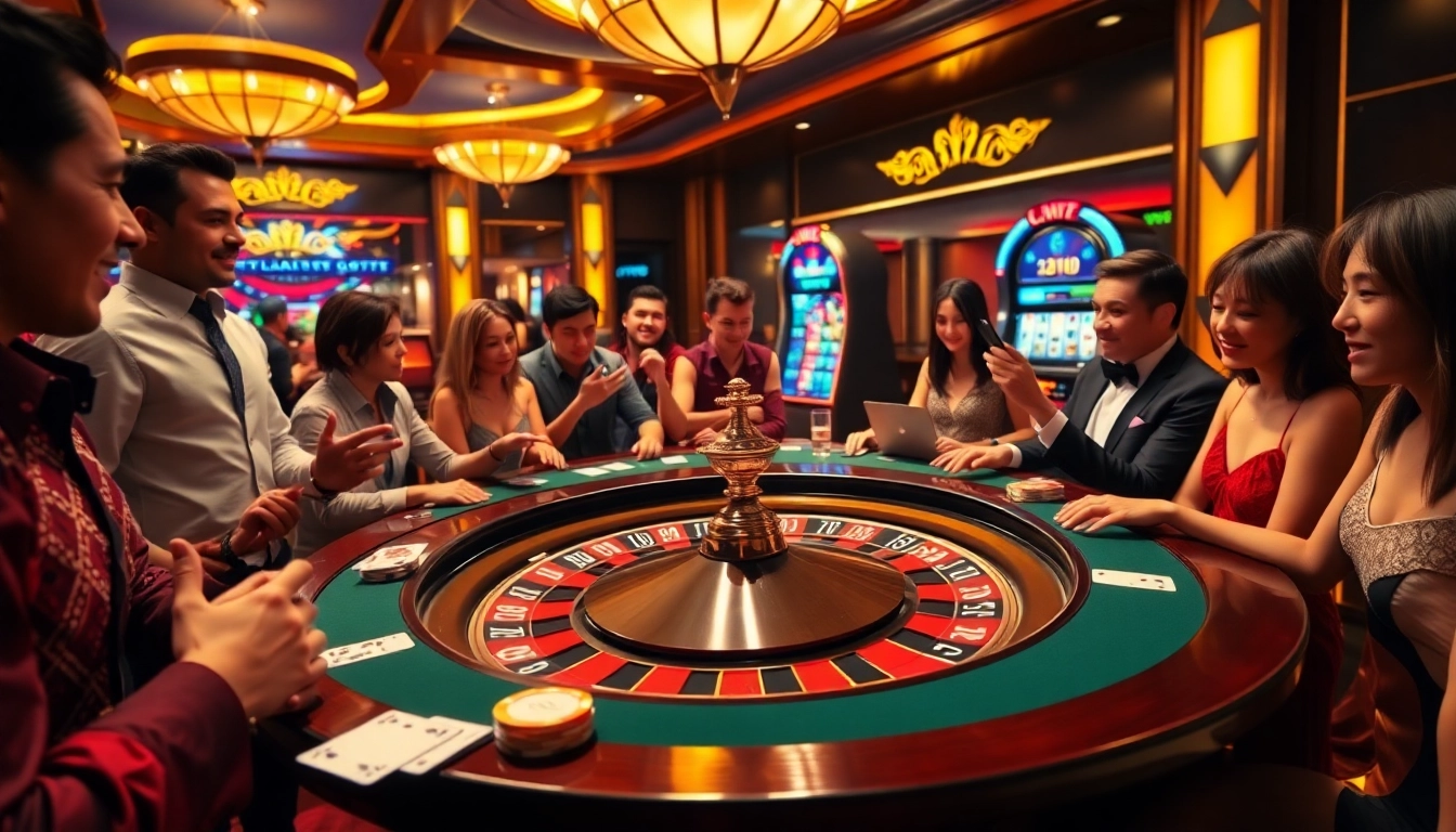 Players enjoying an exciting roulette game at HM88 casino, with poker chips and cards visible.