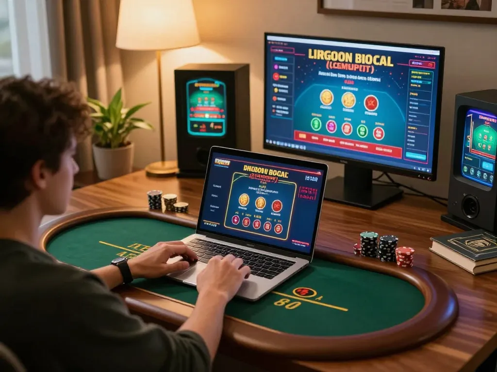 Player enjoying sc88 online blackjack on laptop in a cozy gaming setup with warm lighting