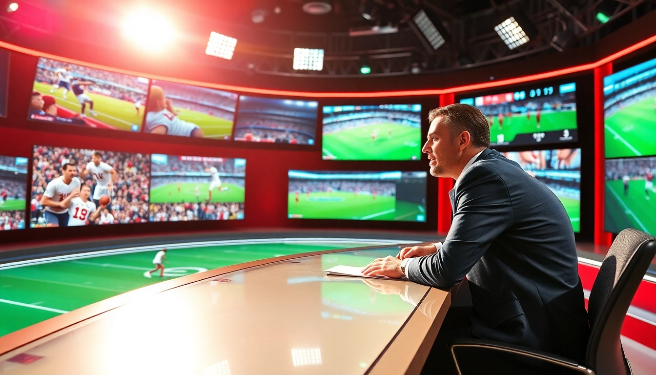 Anchor reporting in sports broadcasting studio with vibrant screens and energy.