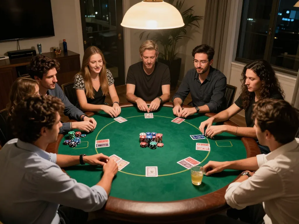 Engaging home poker night scene showcasing play at Website Sky88, capturing the camaraderie of friendly competition.