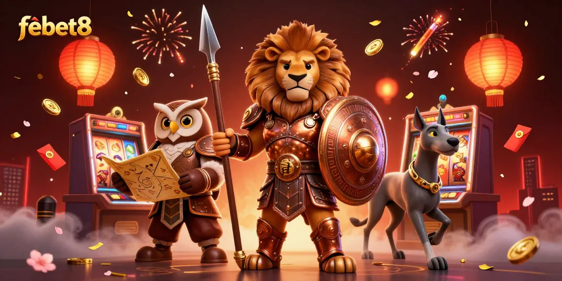 Win big with febet8 in this vibrant casino scene showcasing slots and dynamic gaming elements.