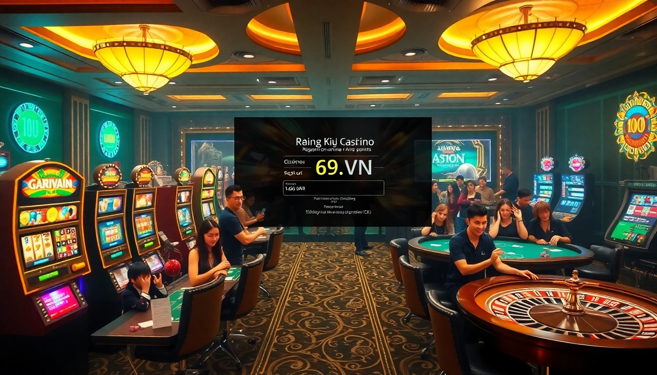 Excited players engage in games at Đăng ký 69VN casino, showcasing vibrant slots and tables.