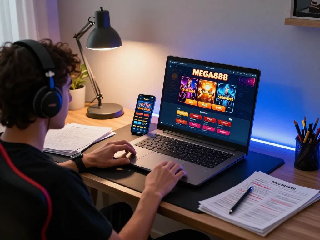 Engaging player utilizing the MEGA888 app on a laptop and smartphone, immersed in online gaming.