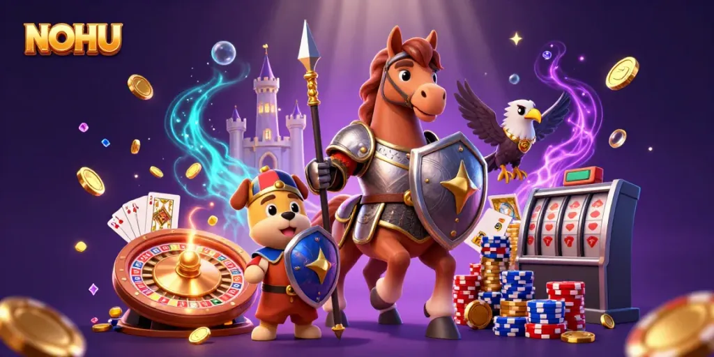 Engage in thrilling slot play with NOHU in this vibrant casino-inspired illustration featuring dynamic characters and exciting game elements.