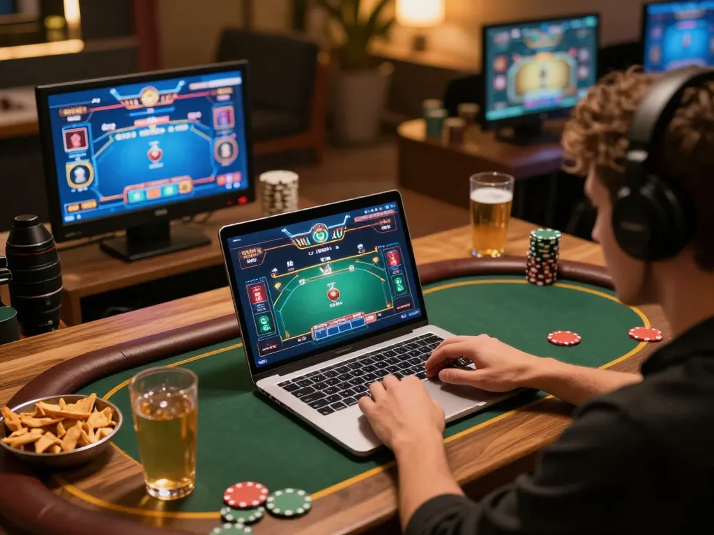Player enjoying F168 poker game on laptop with strategic focus and cozy atmosphere.
