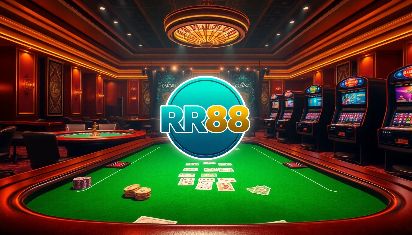 Experience the thrill of RR88 with luxurious casino tables, vibrant poker chips, and a roulette wheel.