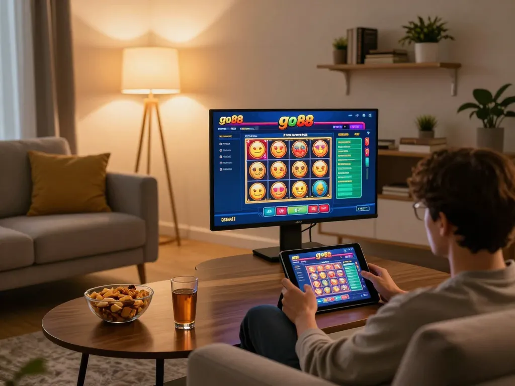 Player enjoying go88 games on a tablet in a cozy home setup with snacks and drinks