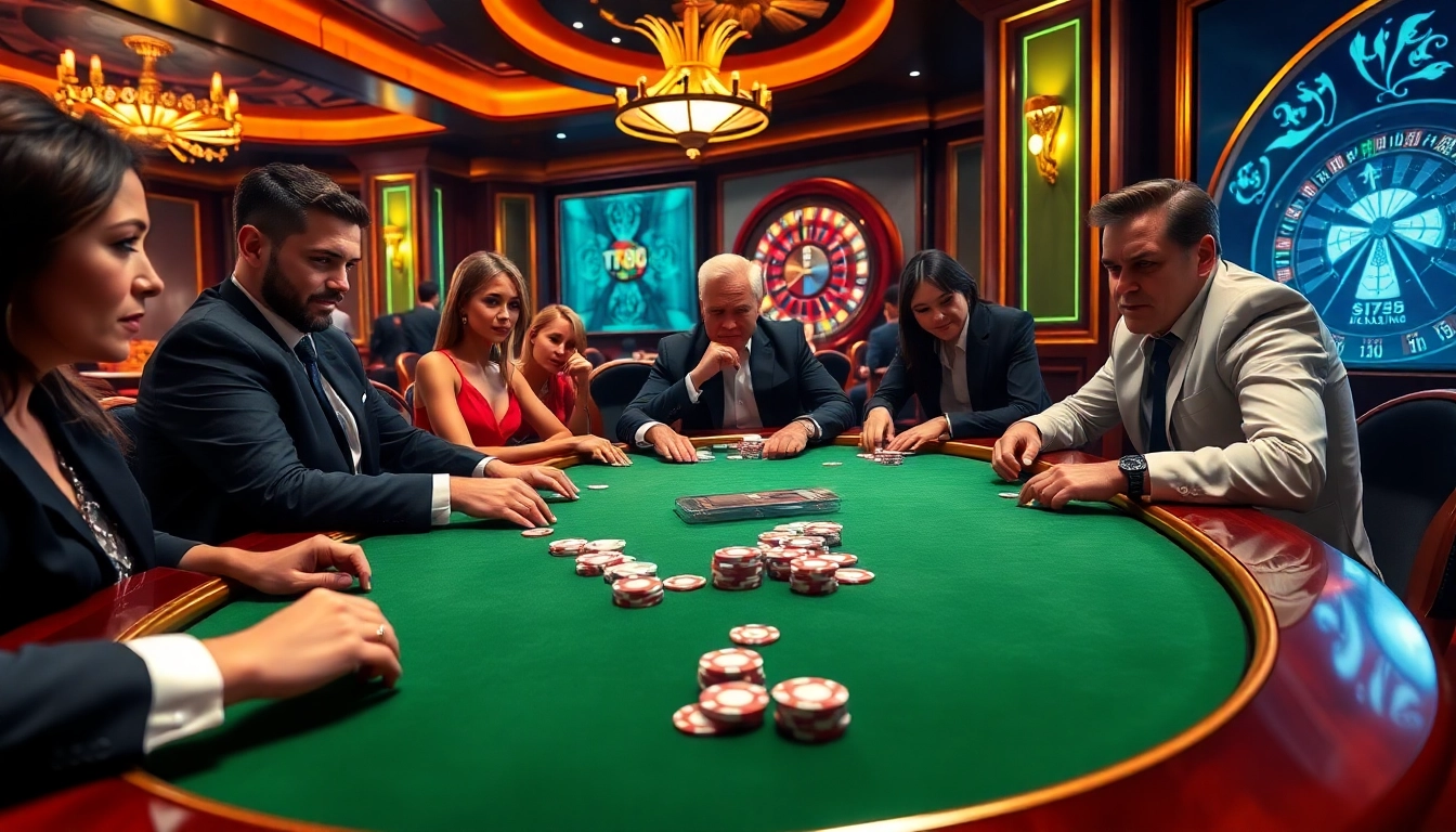 Players engaging in thrilling poker at tk88's luxurious casino tables, capturing excitement and strategy.