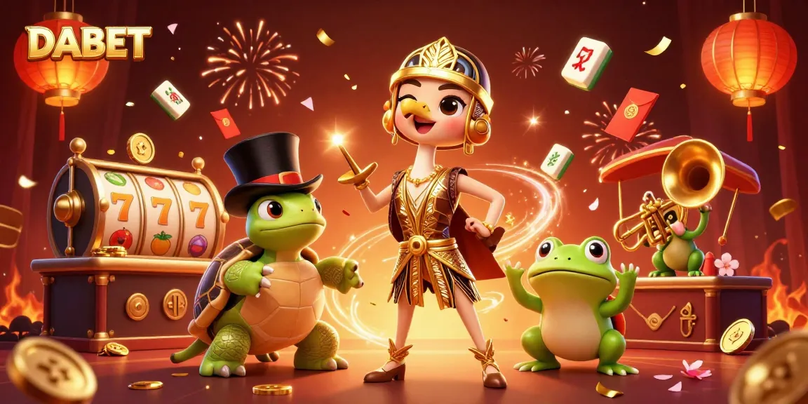 DABET casino game scene featuring joyful cartoon characters and dynamic slot elements