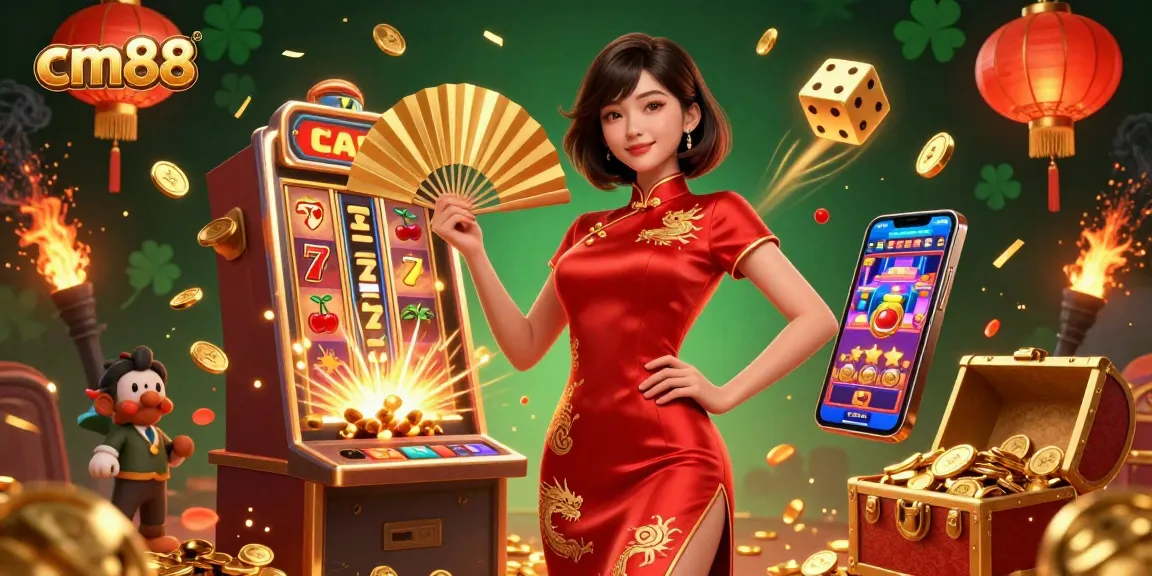 Experience excitement at cm88 with a beautiful Asian woman and a vivid jackpot scene full of floating coins and casino elements.