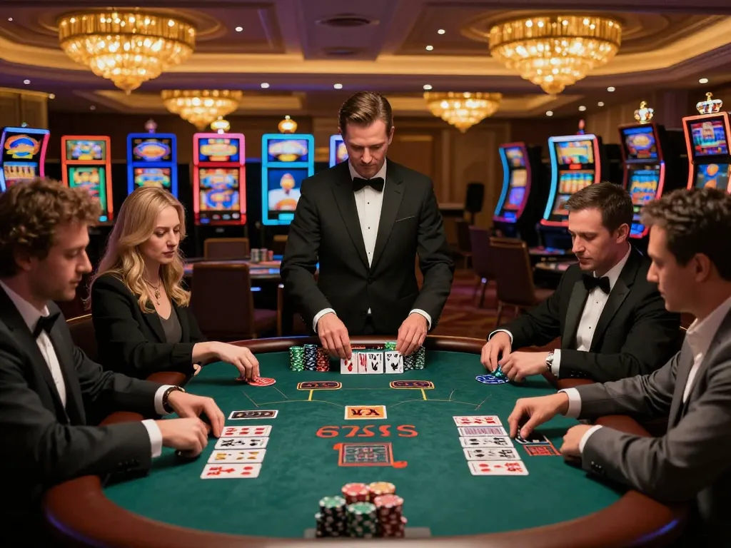 Players strategizing at a vibrant blackjack table in a casino, highlighting the excitement of winning at VA88.