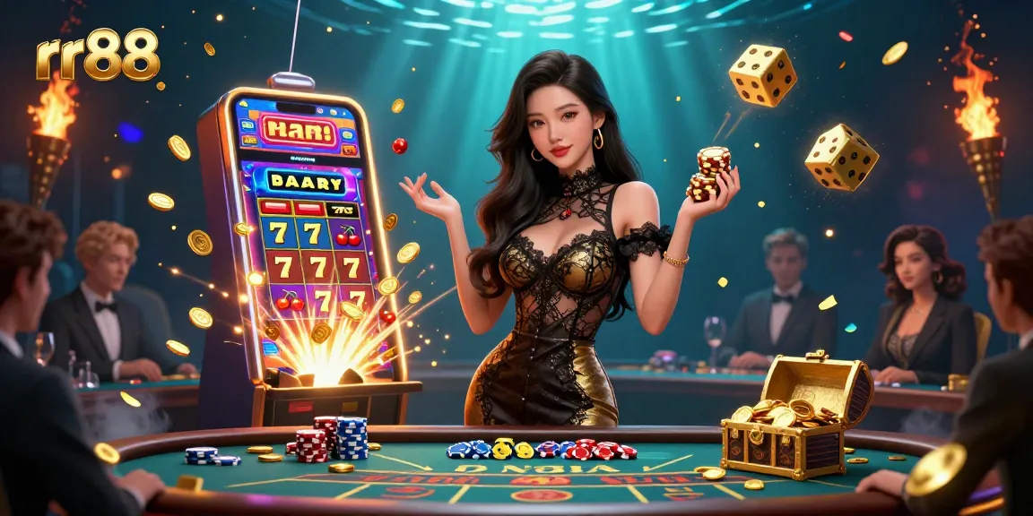 Experience winning excitement at rr88 with a glamorous casino scene featuring a confident Asian woman and thrilling game elements.