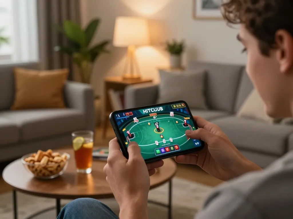 Engaging scene of home gaming setup where player tải HITCLUB on smartphone amidst cozy living room atmosphere.