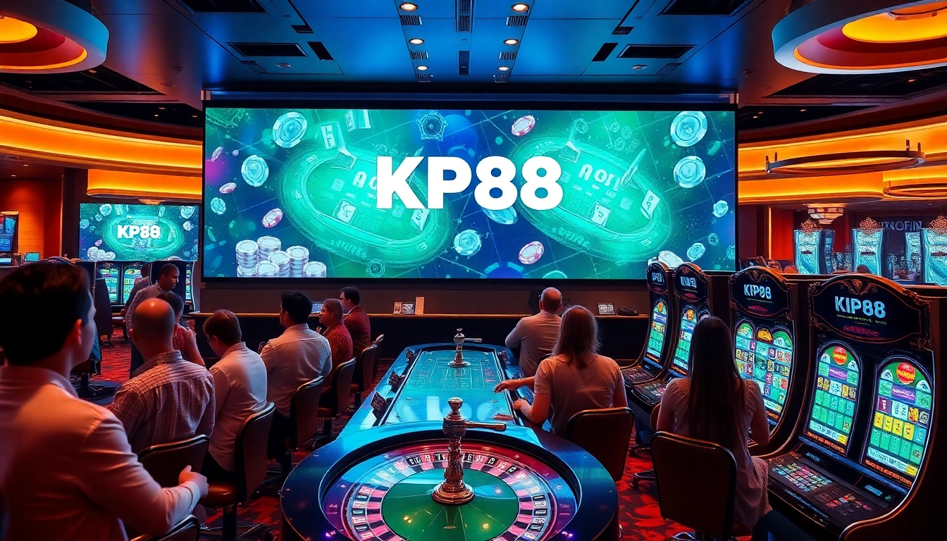 Logging into KP88 with excitement in a luxurious casino setting filled with vibrant games