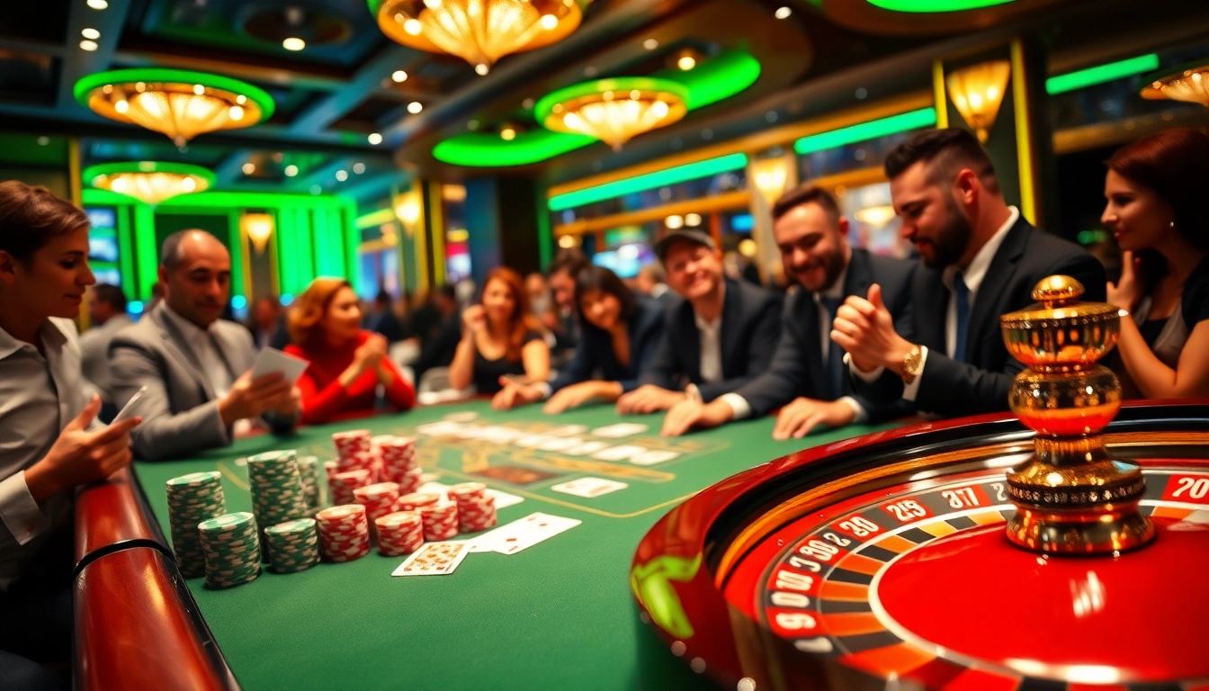 Players engaged at a lavish casino table, showcasing luck 8 with vibrant poker chips and cards.