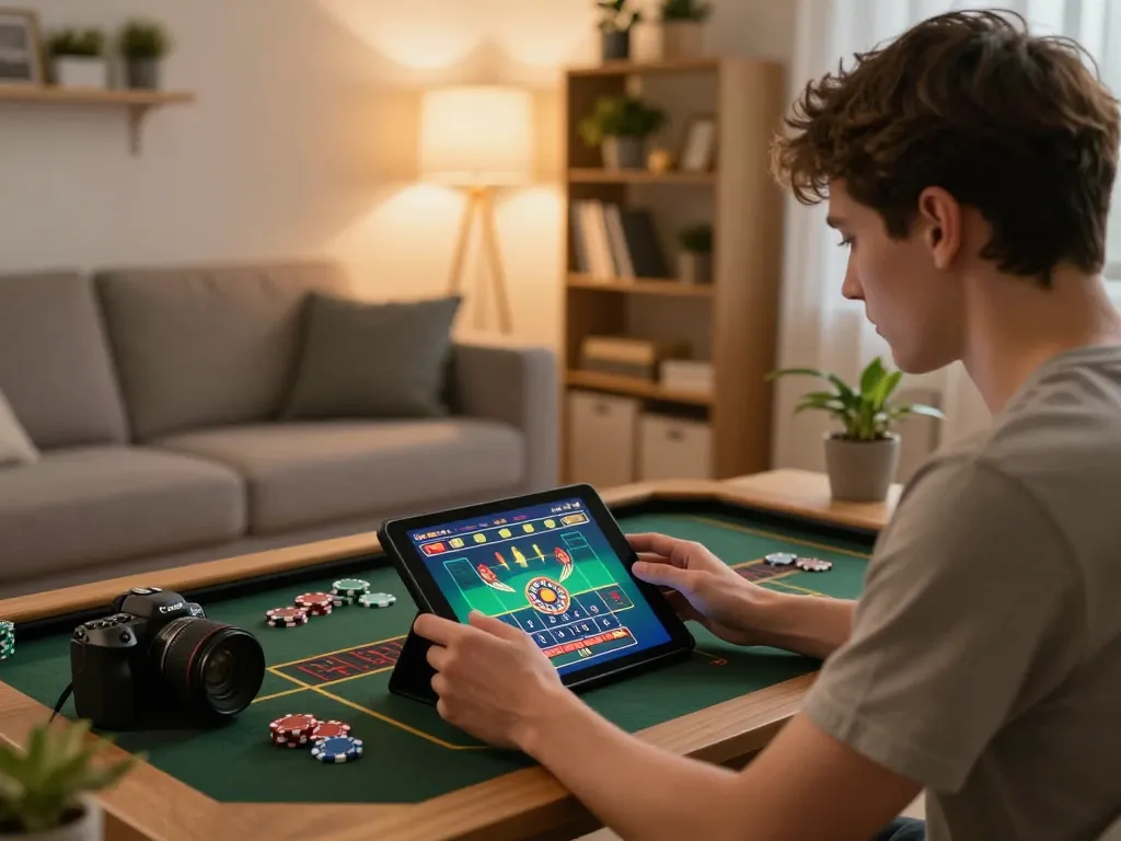 Engaging in online roulette at home with uu8855, showcasing a cozy gaming atmosphere and vibrant graphics.