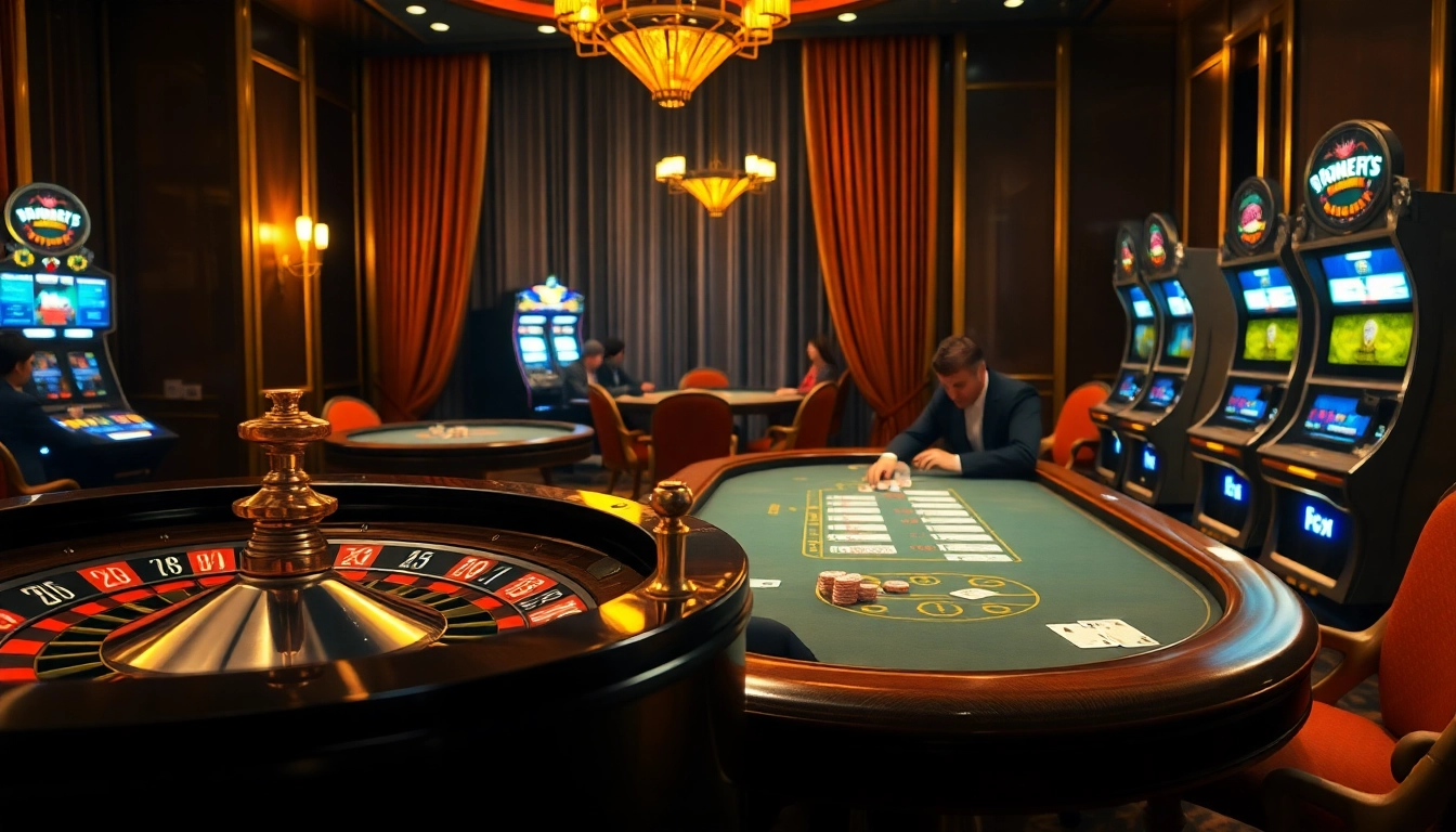Experience the excitement of gambling at TG88 with a vibrant casino scene featuring roulette and poker.