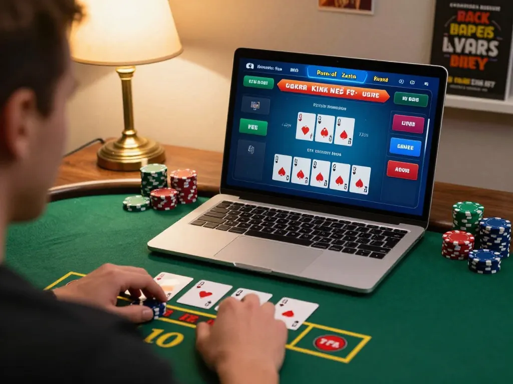 Player strategizing on hm 88 live dealer blackjack from home environment with warm lighting