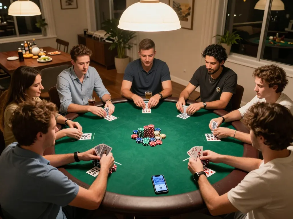 Players enjoying a lively poker night at home with luck8-themed decor, showcasing strategic gameplay and social fun.