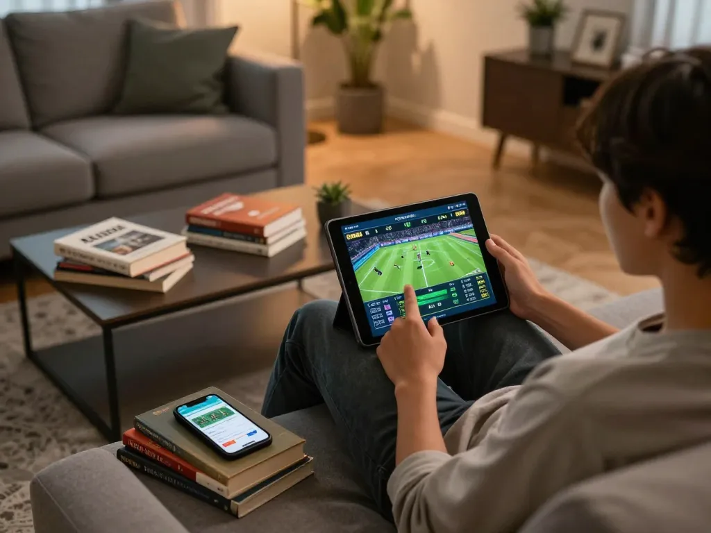 Engaging in live kết quả bóng đá while sitting on a sofa, showcasing a tablet and betting strategies.