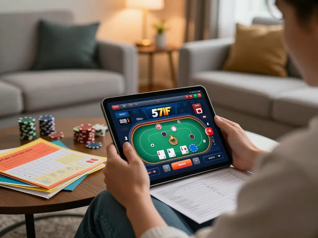 Engaging online gambling moment with 577F poker game on a tablet in a cozy home