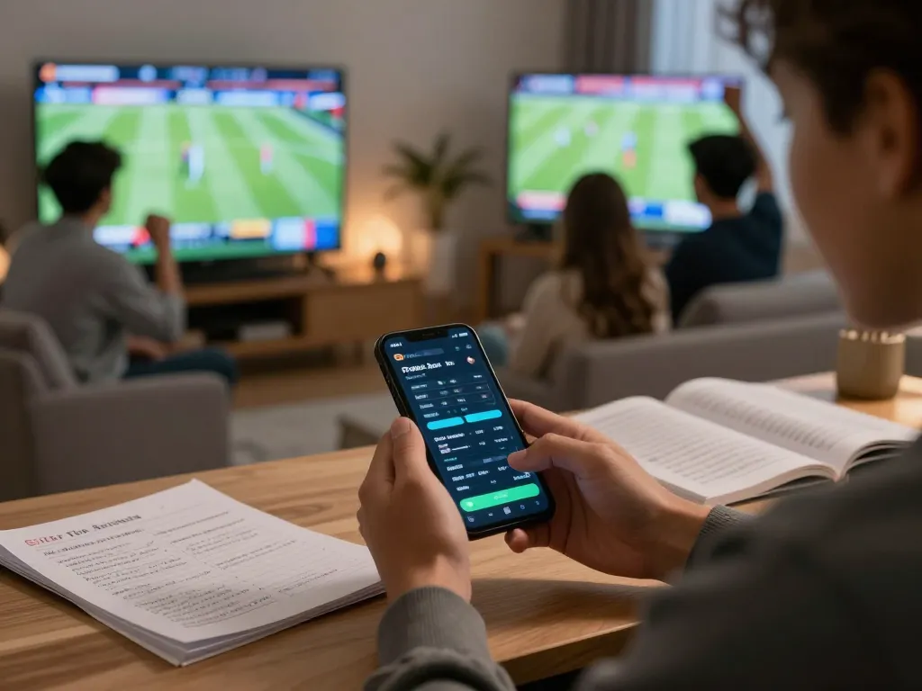 Engaging in keo nha cai using a smartphone during a thrilling sports betting session at home.