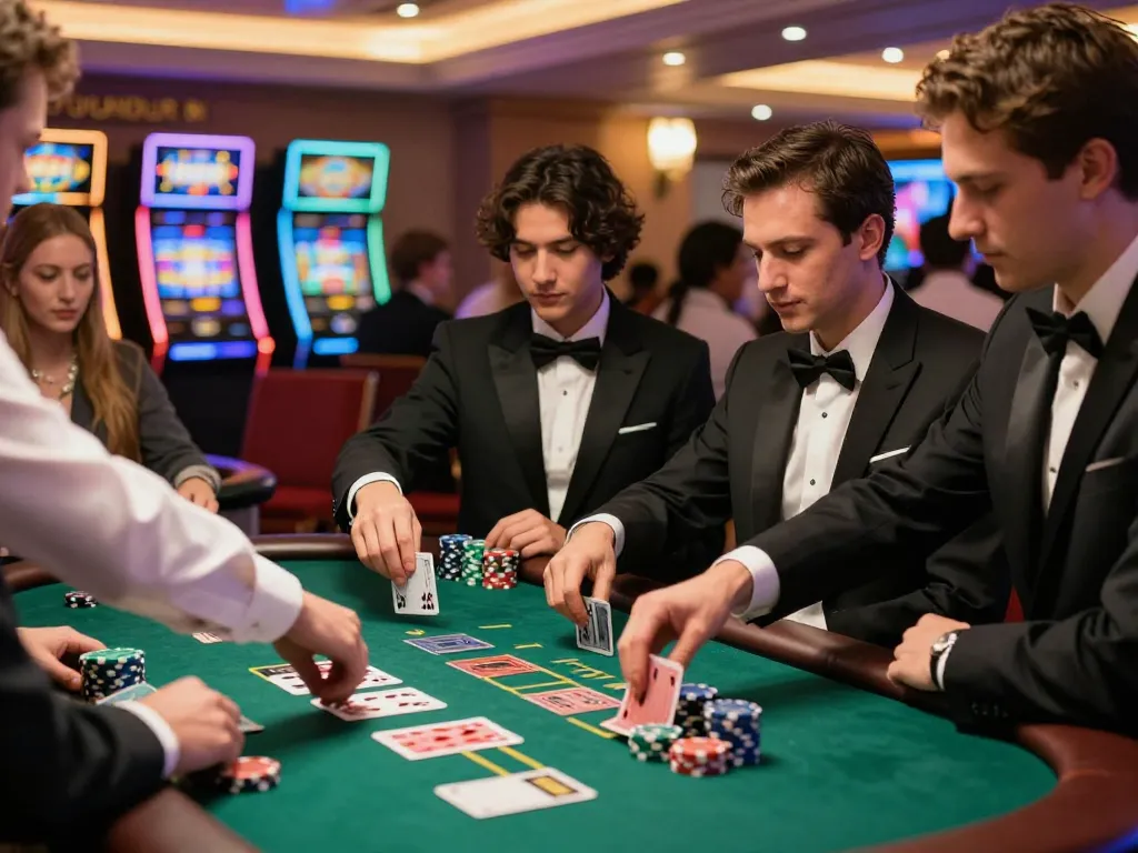 Players engaging in a strategic blackjack game at an upscale casino featuring the keyword Ok9 amidst the excitement.