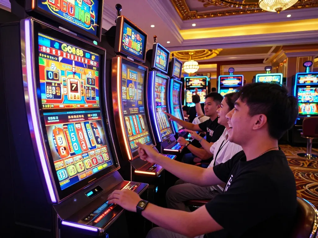Engaged player spinning slot machine at Go88 club, showcasing excitement in vibrant casino atmosphere