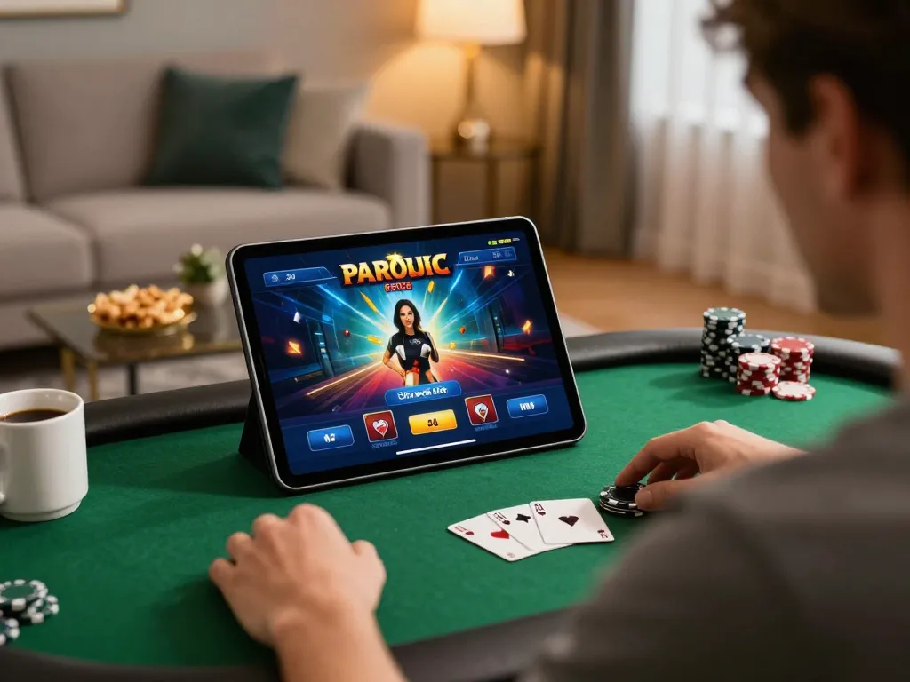 Engaged player enjoying onbet's online poker game at home with vibrant tablet interface