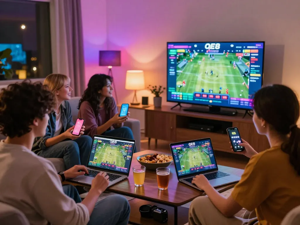 Friends enjoying online betting on the QE8 INK platform in a cozy living room.