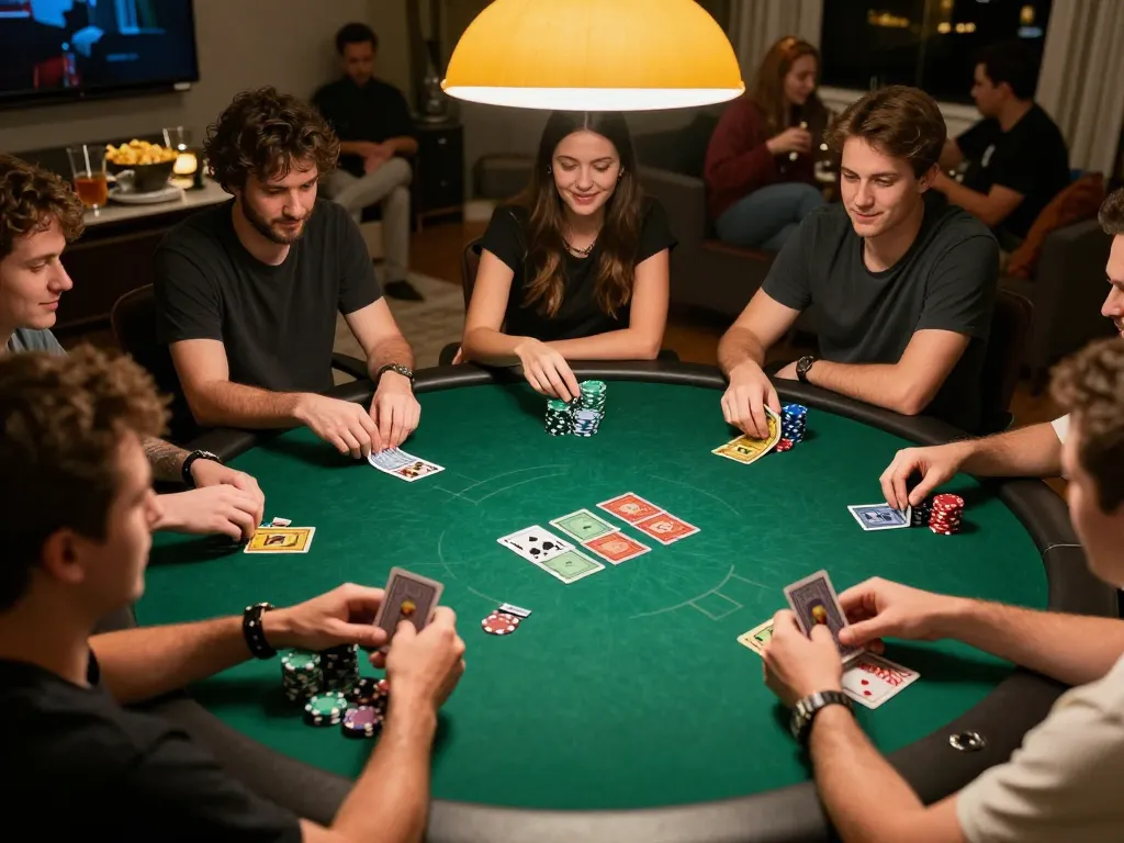 Players engrossed in a poker game at home with vvvwin themes, showcasing colorful chips and cards on the table.
