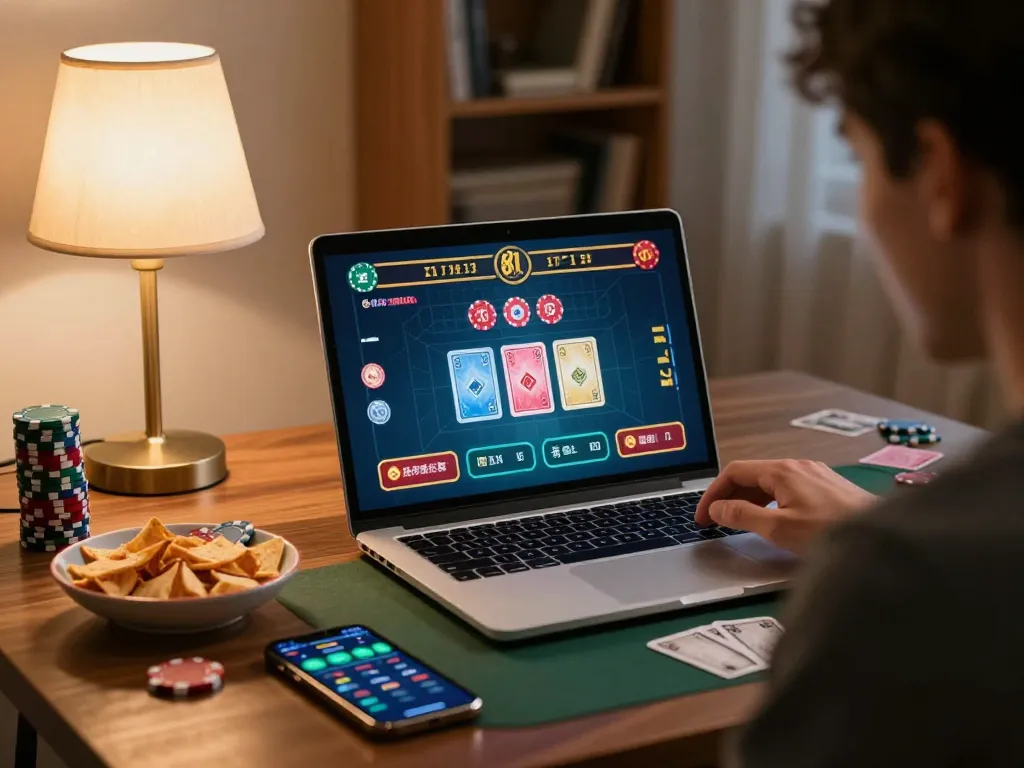 Engaging with online casino games at home on dola789, celebrating strategic gameplay with snacks nearby