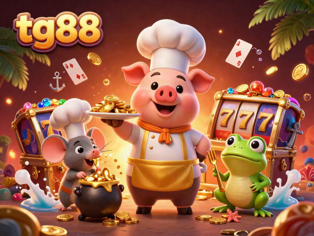 Experience tg88's thrilling casino vibe with a pig chef serving gold coins in a vibrant, lively scene.