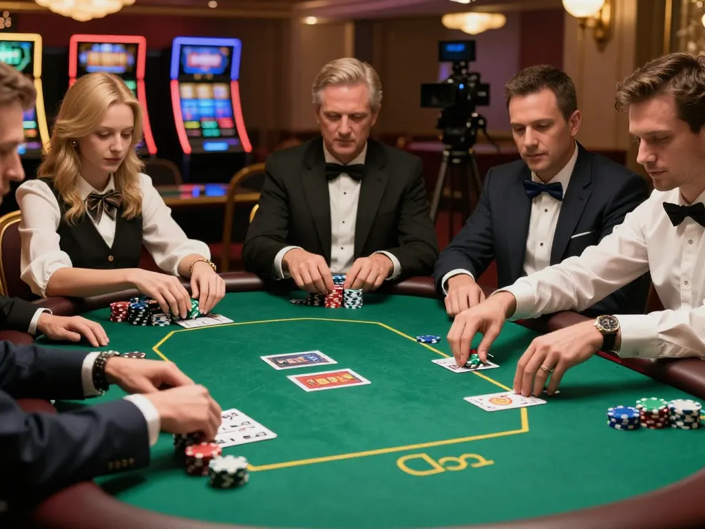 789Win poker players strategizing at an upscale casino table under warm lighting.