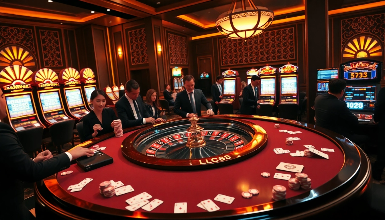 Experience the thrill at LC88 casino with vibrant roulette and slot machines shining brightly.