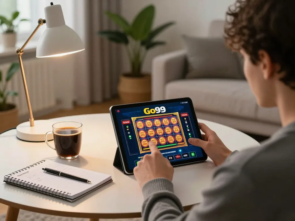 Engaging with Go99 online casino app on a tablet, showcasing cozy gaming setup at home.