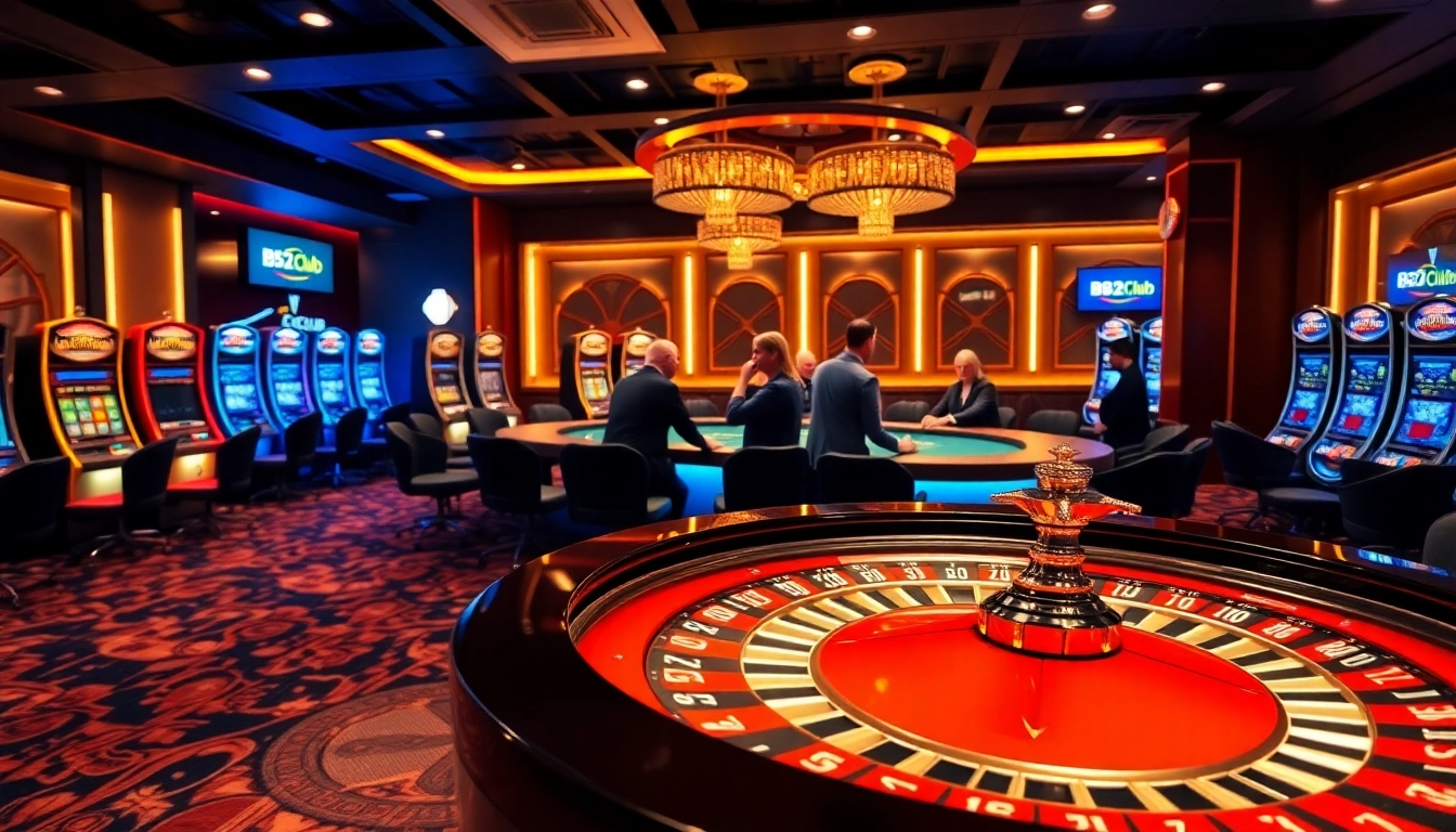 B52Club players enjoying an engaging casino experience with roulette and poker tables, showcasing vibrant gaming.