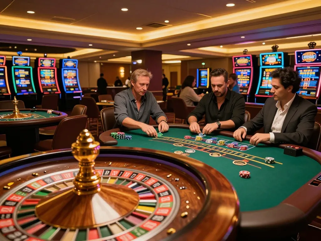 Engaged players enjoying the thrilling atmosphere of Go8 casino games, showcasing roulette and blackjack tables.