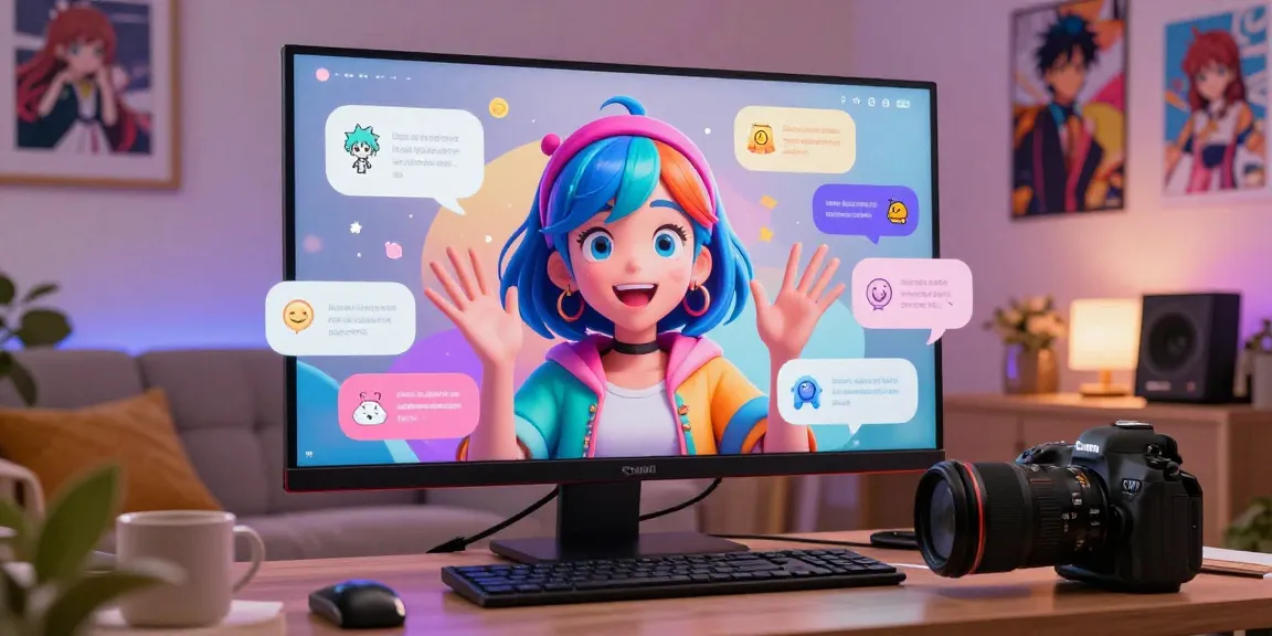 Engaging ecchi chat ai interaction in a vibrant virtual environment, showcasing colorful AI characters and cozy home office.