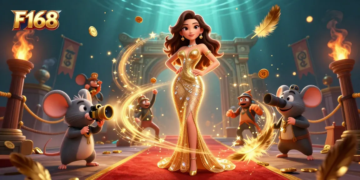 Experience the thrill of F168 as a glamorous woman poses on a red carpet, capturing casino excitement.