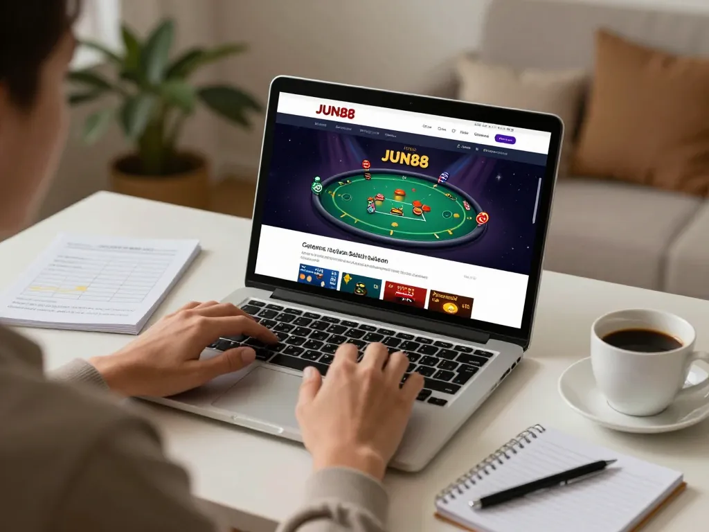 Engaging gameplay on JUN88 platform featuring poker strategy in a cozy home setup.