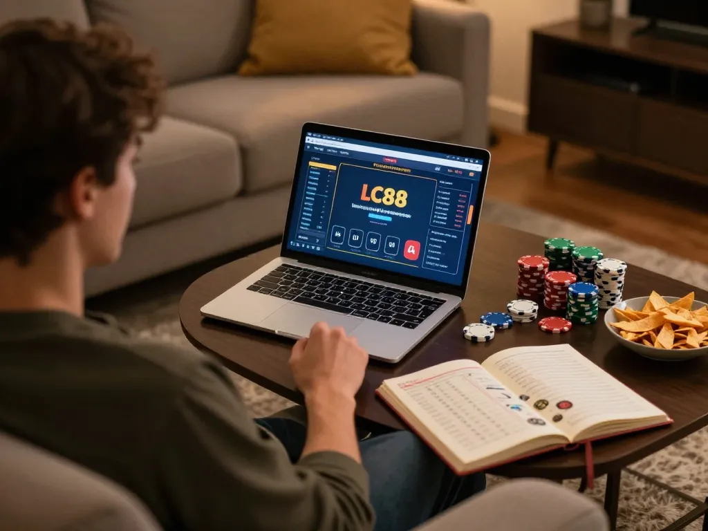 Engaging in online poker gaming at LC88 with a cozy home setup.