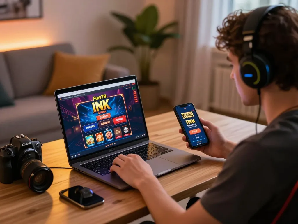 Engaged user playing on Fun79 INK casino interface at home, showcasing vibrant gaming setup.
