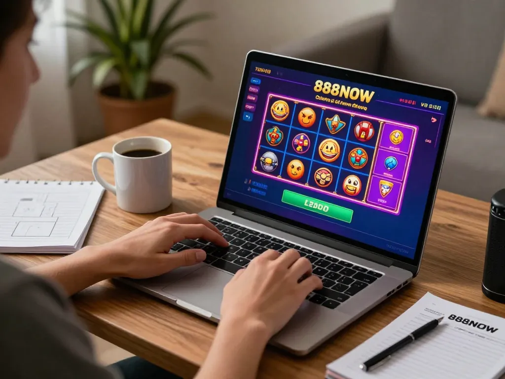 Engaging online gaming experience with 888NOW displayed on laptop screen in cozy home setup.